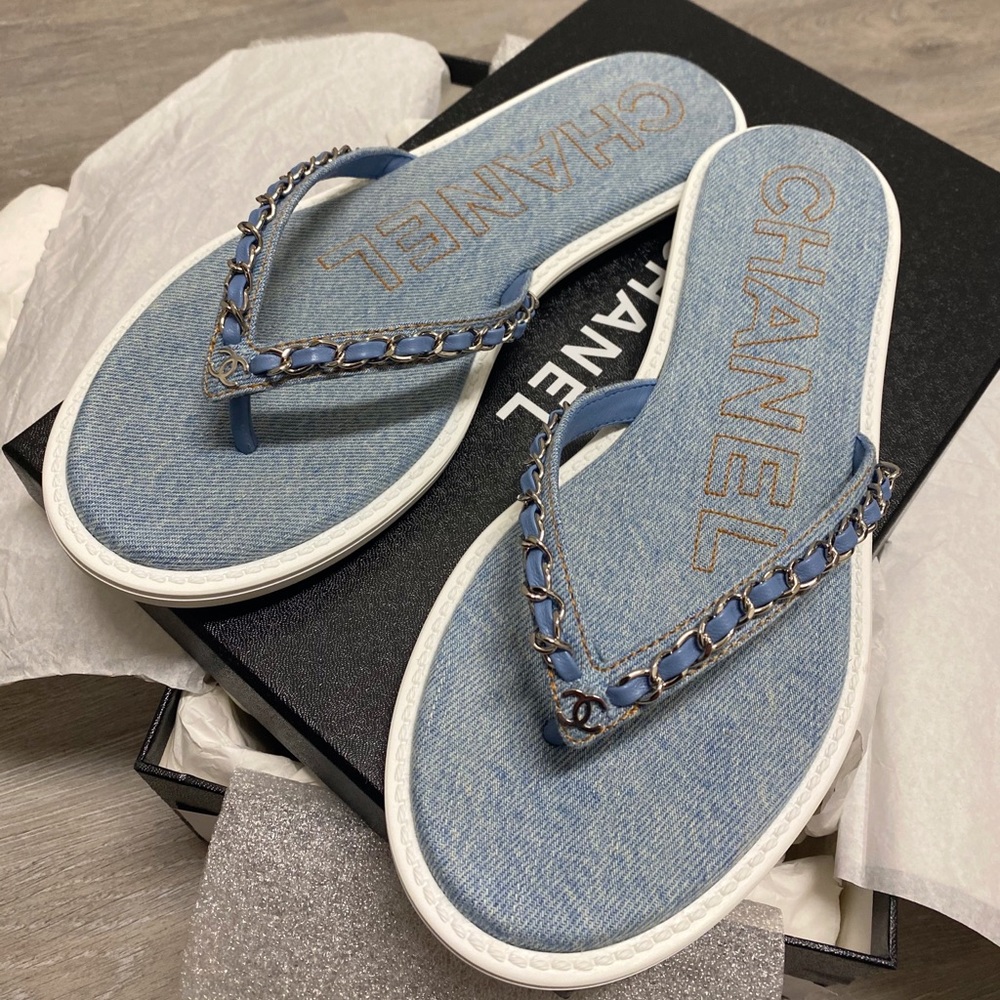 Chanel 20P Chain CC Logo Slide Flip Flop Sandal 39